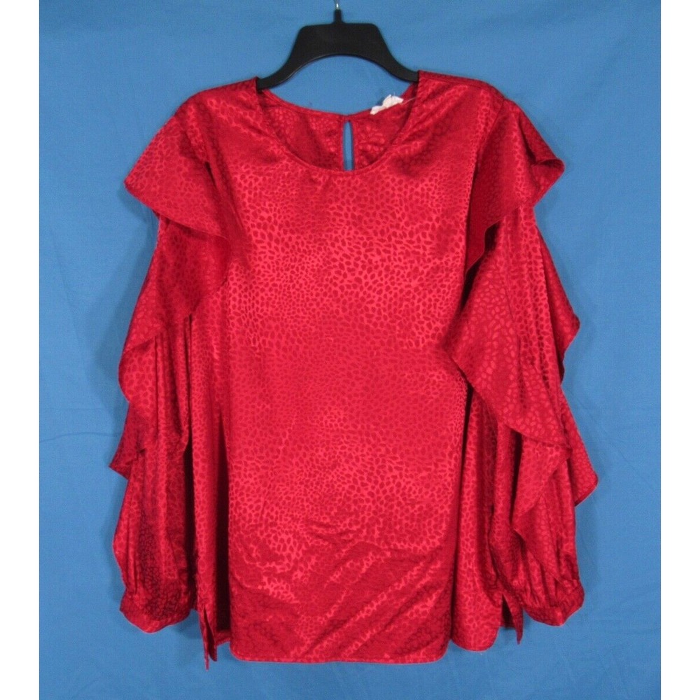 ODDI Red LEOPARD Shiny Satin RUFFLED Long Sleeve KEYHOLE BACK Blouse Top Sz 1XL
